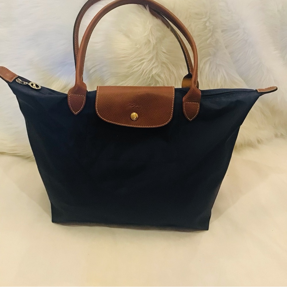 Longchamp Navy Blue Tote with Brown Leather Trim